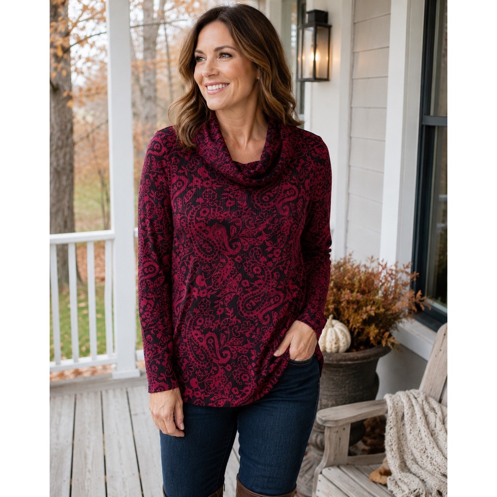 Soft Surroundings Kendra Waffle Top S Red Black Paisley Cowl Neck NWT Boho
